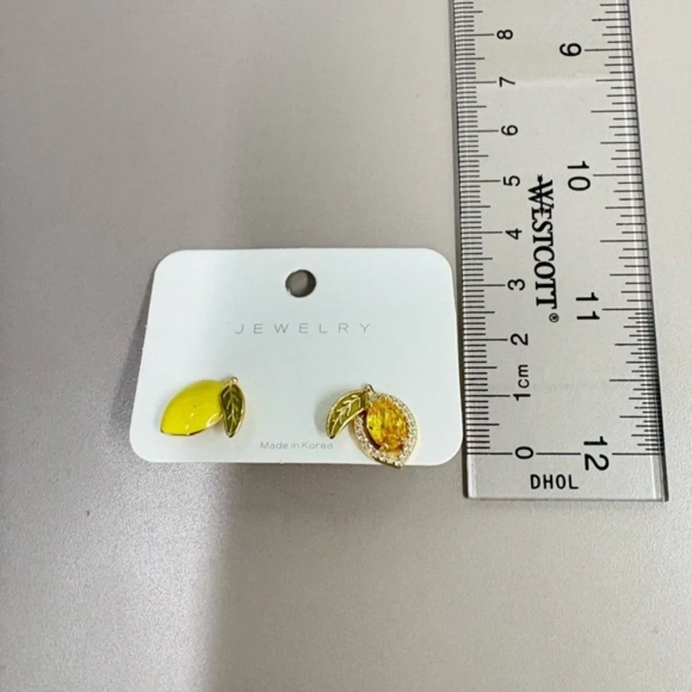 Sunlit Lemon Enamel &‎ Gold Gem Earrings 1cm Mismatched Summer Jewelry